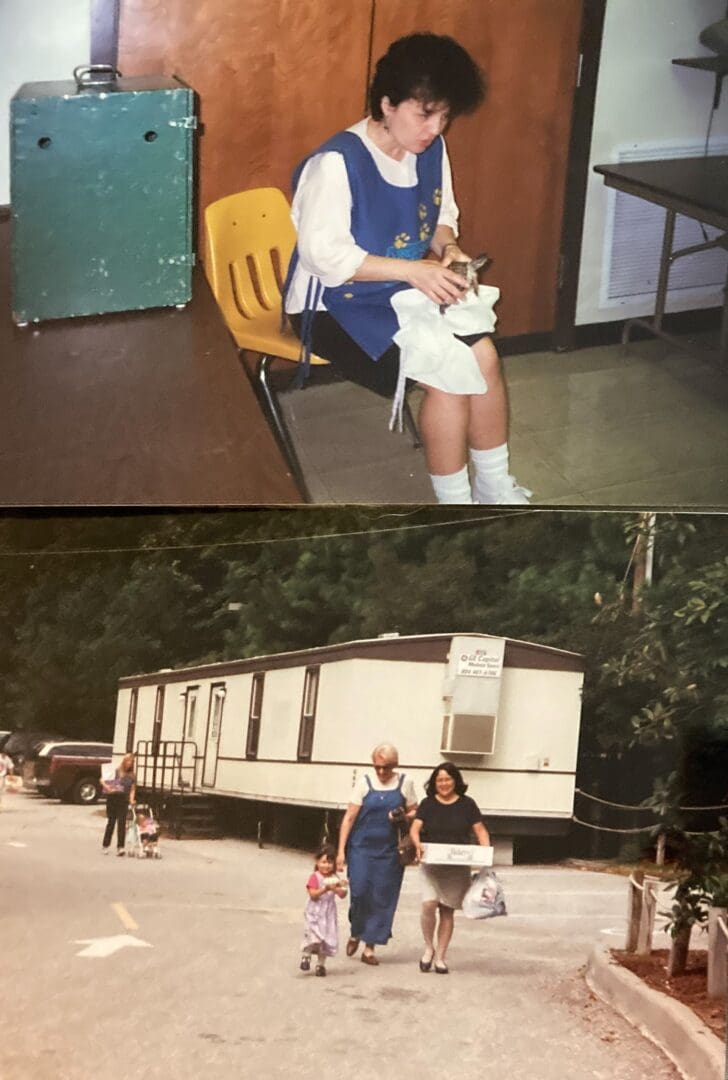 A photo montage of a volunteer holding a turtle in a classroom and Clara in front of the trailer where summer camp took place.
