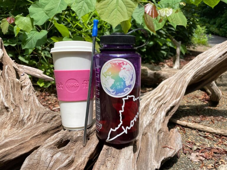 Choosing reusable coffe cups, water bottles and steel straws is a great way to be sustainable in the summer.